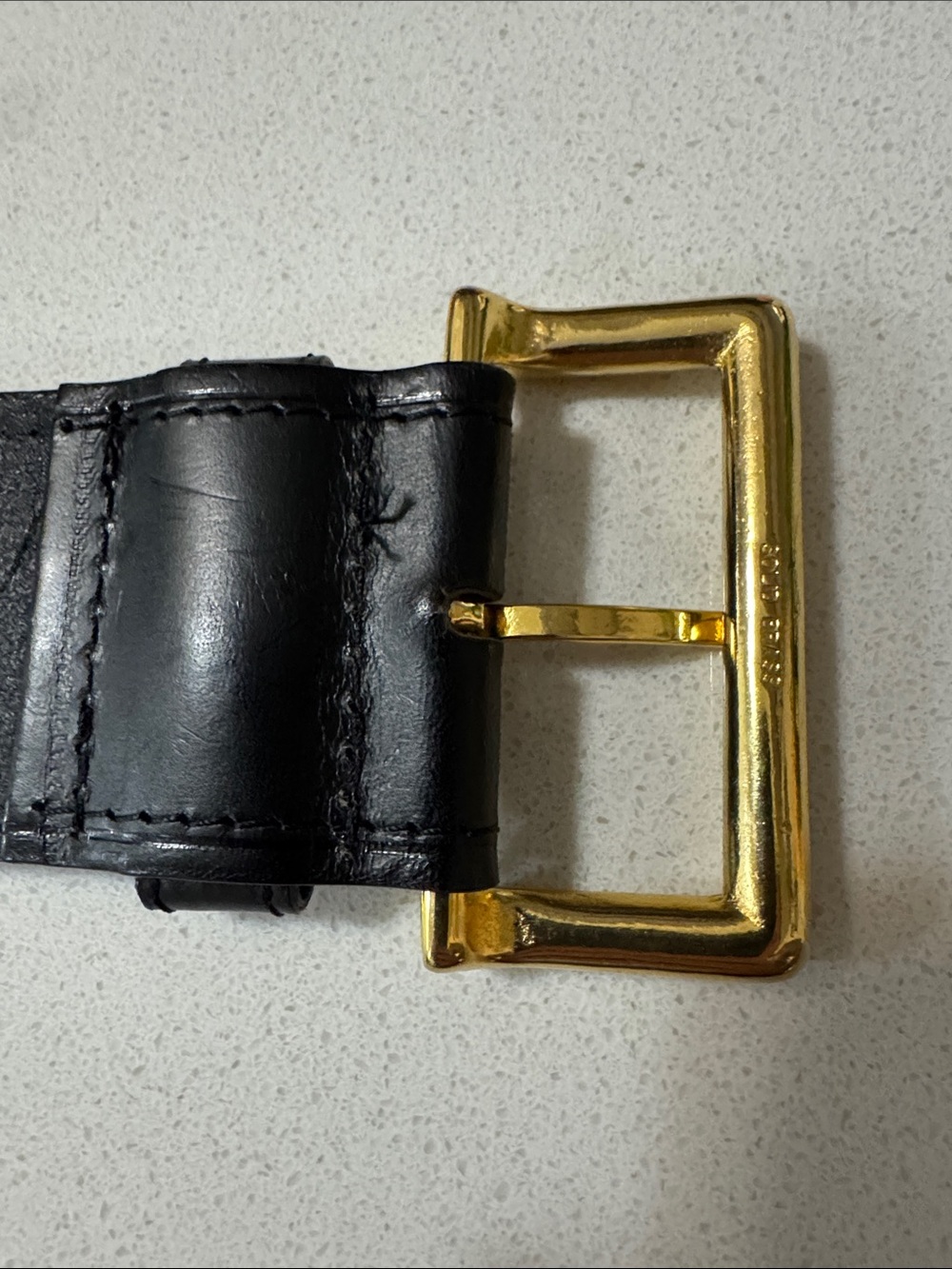 Vintage black leather belt with brass buckle & gold circles- small (as is scuff) - Picture 6 of 16